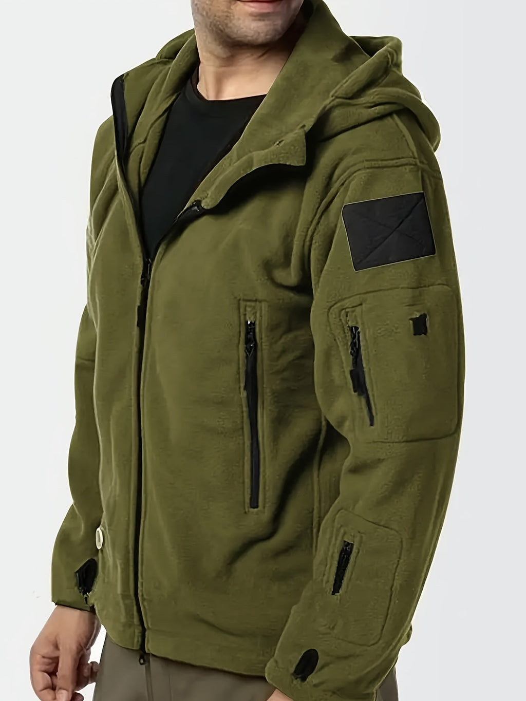 Hooded Fleece Jacket Grey Men's Full-Zip Tactical Pockets – Casual, Outdoor, Everyday