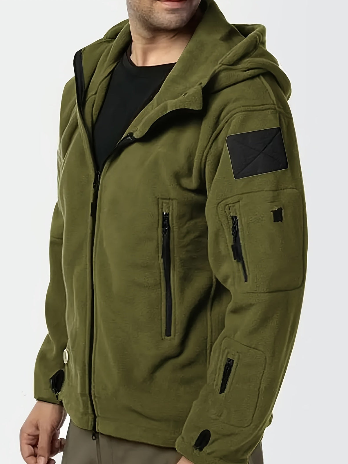 Hooded Fleece Jacket Grey Men's Full-Zip Tactical Pockets – Casual, Outdoor, Everyday