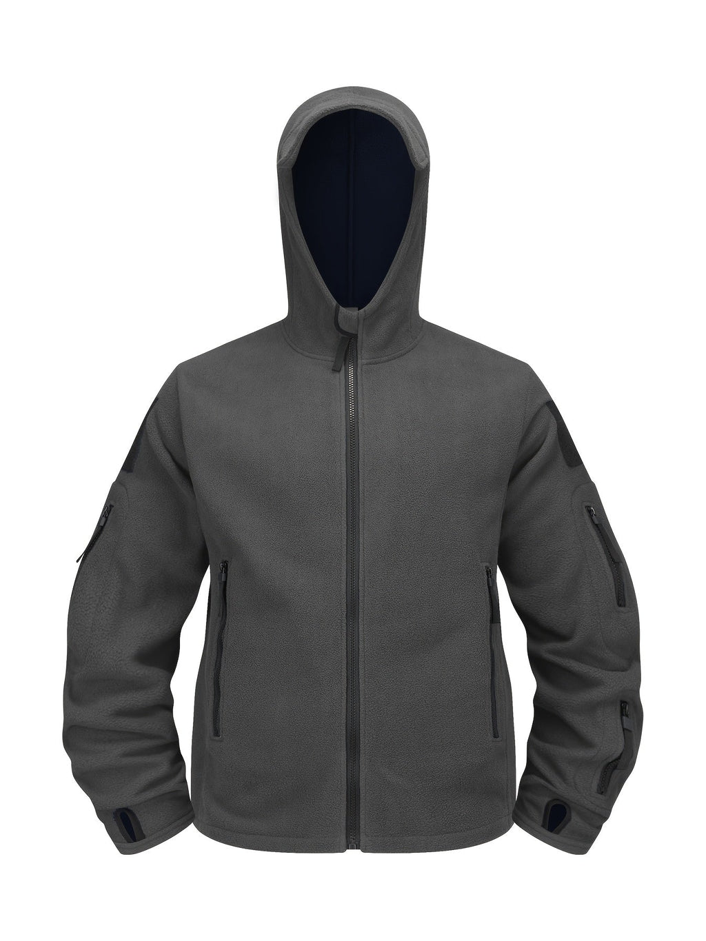 Hooded Fleece Jacket Grey Men's Full-Zip Tactical Pockets – Casual, Outdoor, Everyday