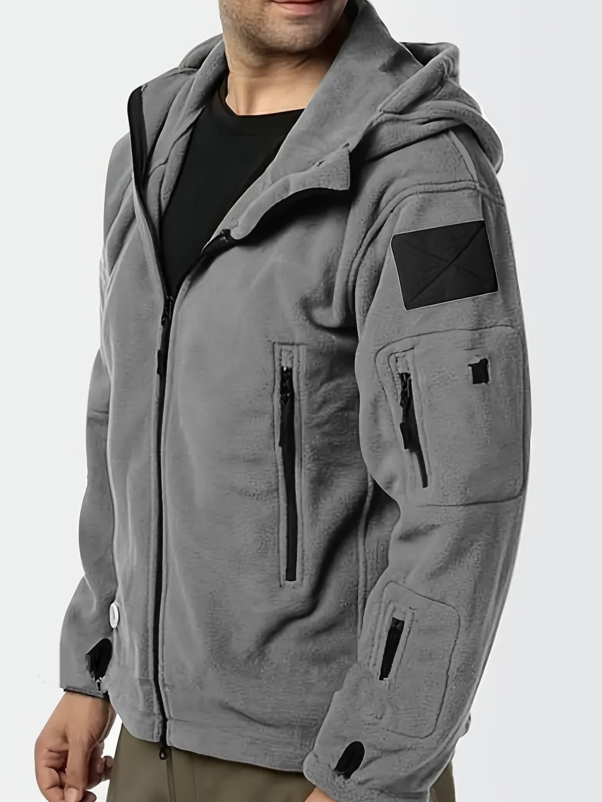Hooded Fleece Jacket Grey Men's Full-Zip Tactical Pockets – Casual, Outdoor, Everyday