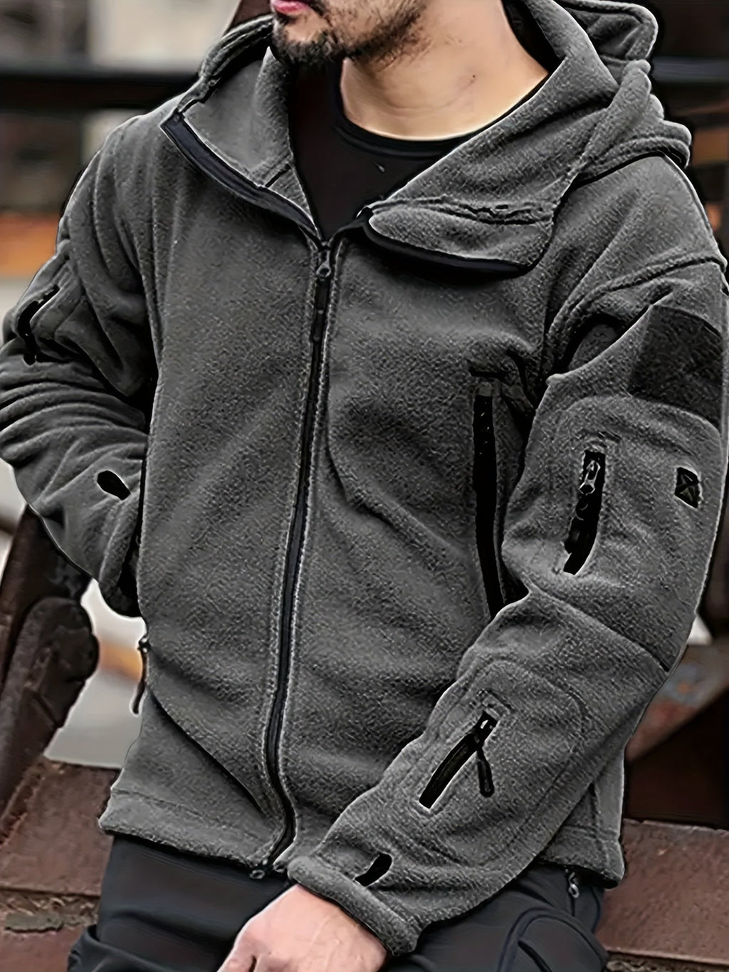 Hooded Fleece Jacket Grey Men's Full-Zip Tactical Pockets – Casual, Outdoor, Everyday