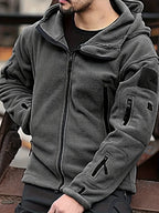 Hooded Fleece Jacket Grey Men's Full-Zip Tactical Pockets – Casual, Outdoor, Everyday
