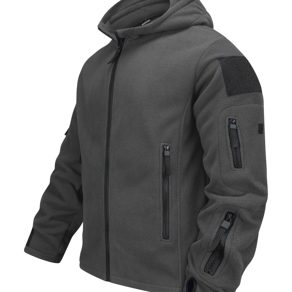 Hooded Fleece Jacket Grey Men's Full-Zip Tactical Pockets – Casual, Outdoor, Everyday