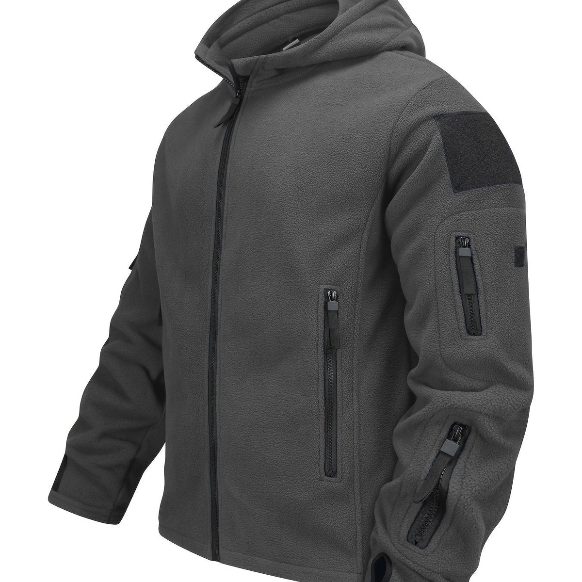 Hooded Fleece Jacket Grey Men's Full-Zip Tactical Pockets – Casual, Outdoor, Everyday
