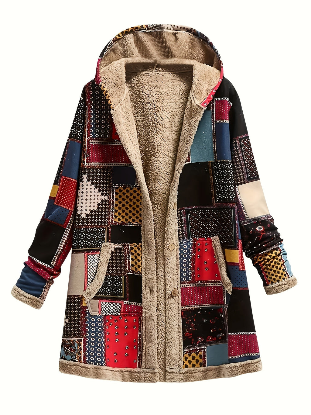 Hooded Fleece-Lined Jacket Patchwork Print Women's Longline Coat – Casual, Winter Warmth
