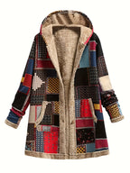 Hooded Fleece-Lined Jacket Patchwork Print Women's Longline Coat – Casual, Winter Warmth