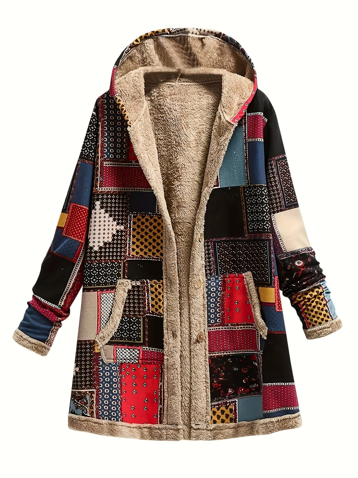 Hooded Fleece-Lined Jacket Patchwork Print Women's Longline Coat – Casual, Winter Warmth