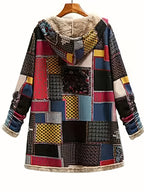 Hooded Fleece-Lined Jacket Patchwork Print Women's Longline Coat – Casual, Winter Warmth