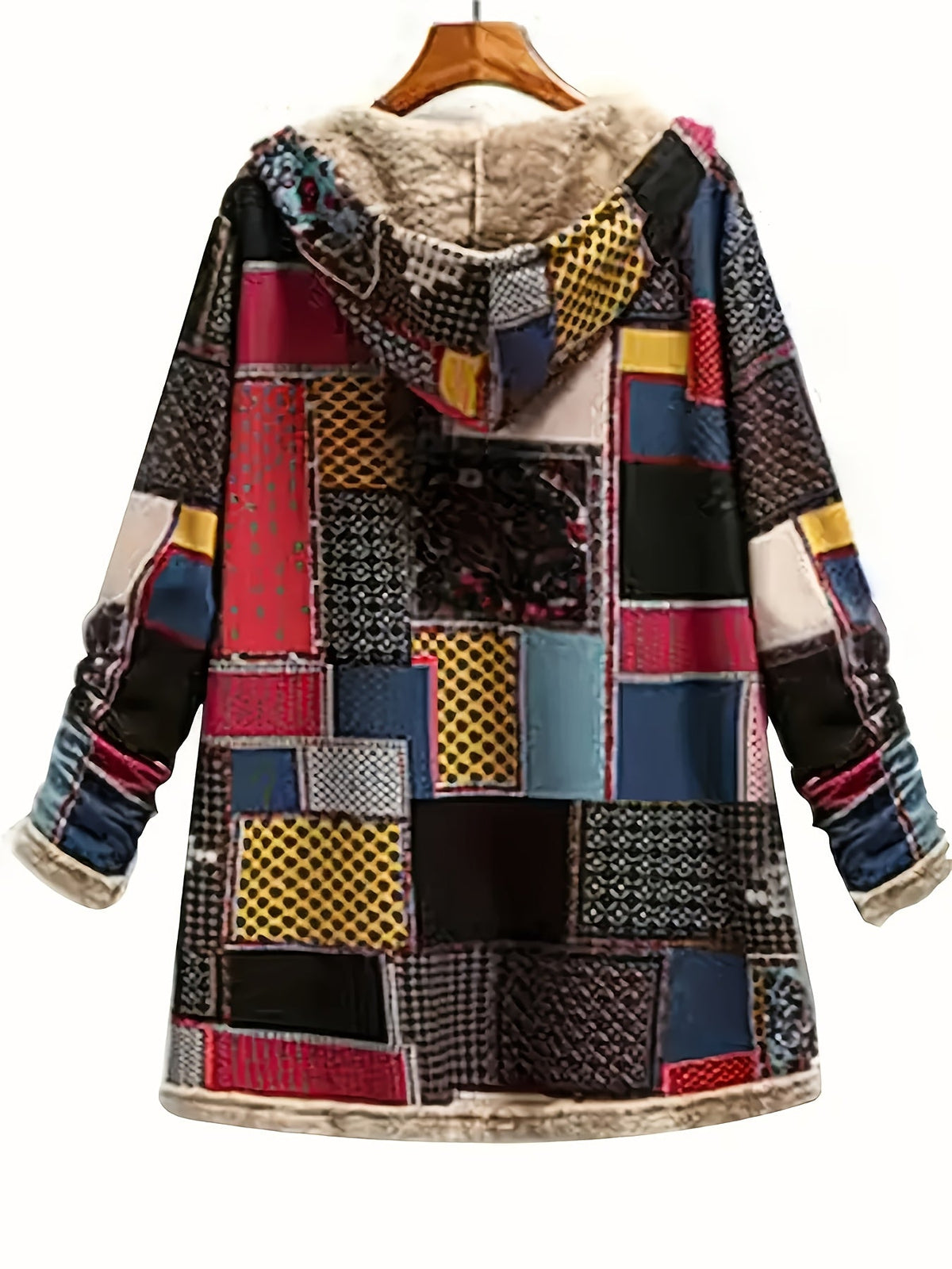 Hooded Fleece-Lined Jacket Patchwork Print Women's Longline Coat – Casual, Winter Warmth