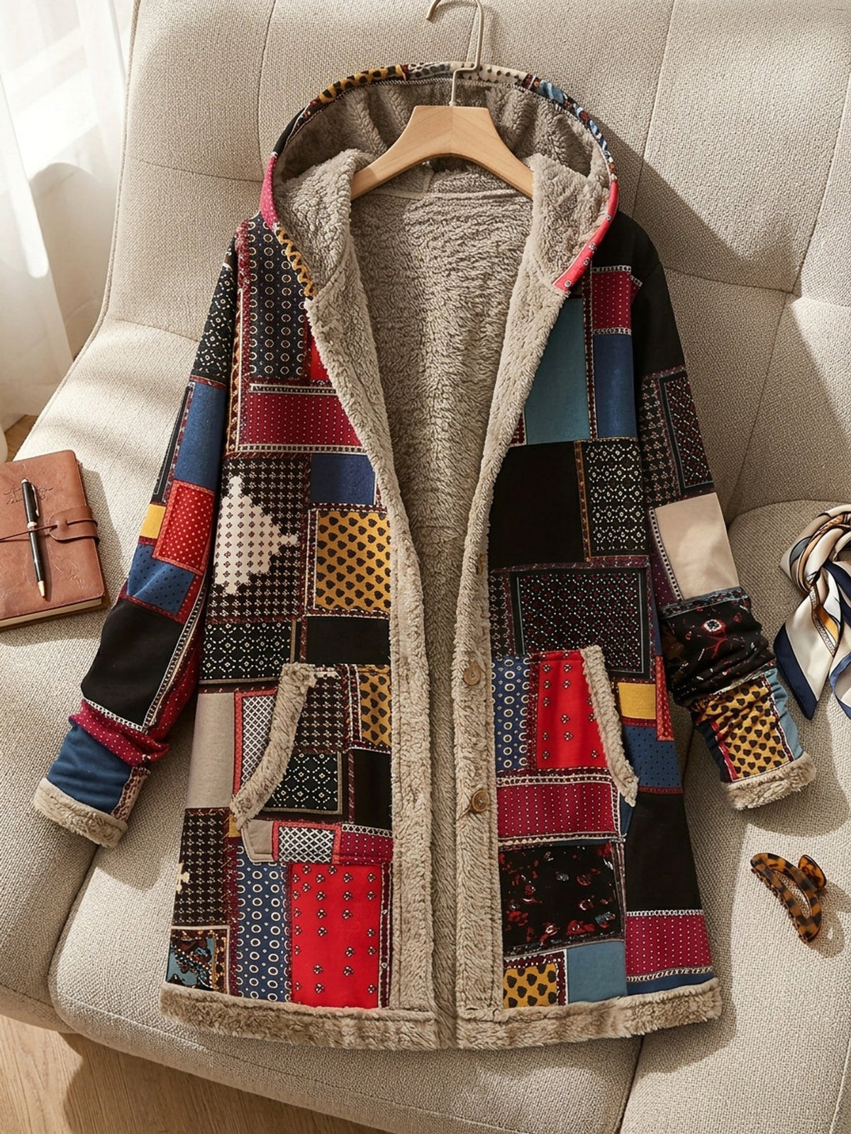 Hooded Fleece-Lined Jacket Patchwork Print Women's Longline Coat – Casual, Winter Warmth