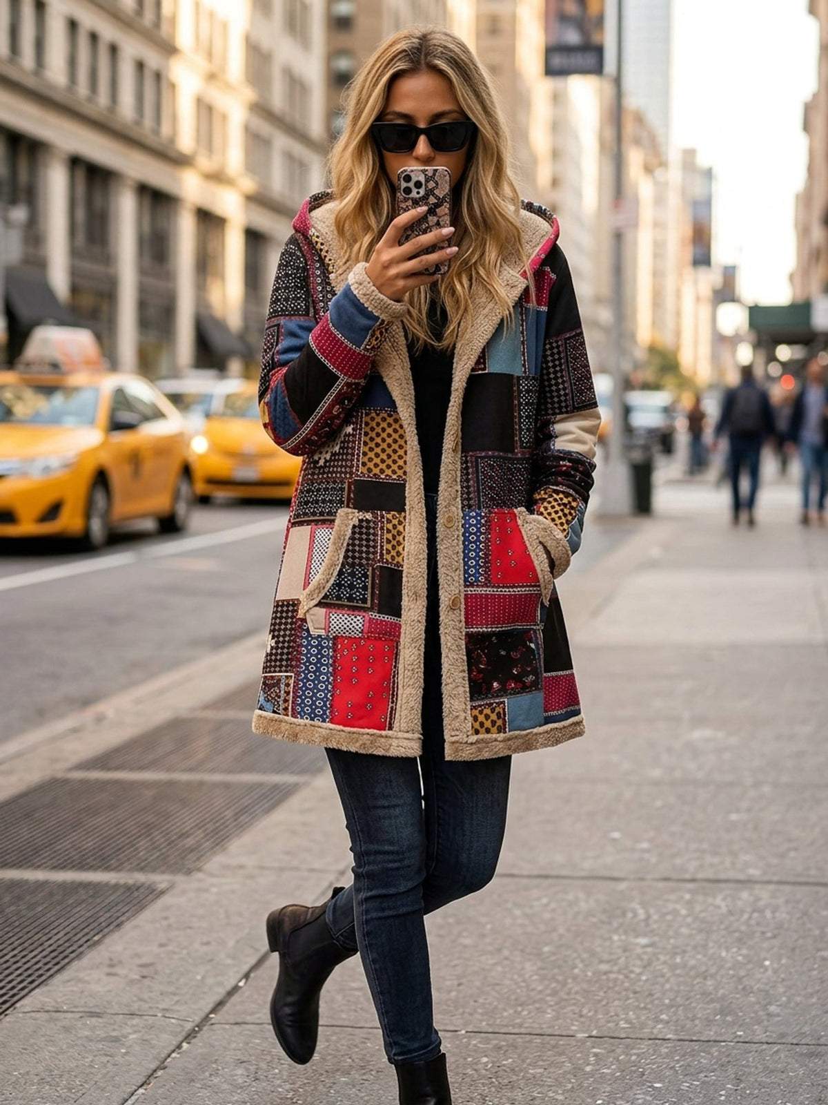Hooded Fleece-Lined Jacket Patchwork Print Women's Longline Coat – Casual, Winter Warmth
