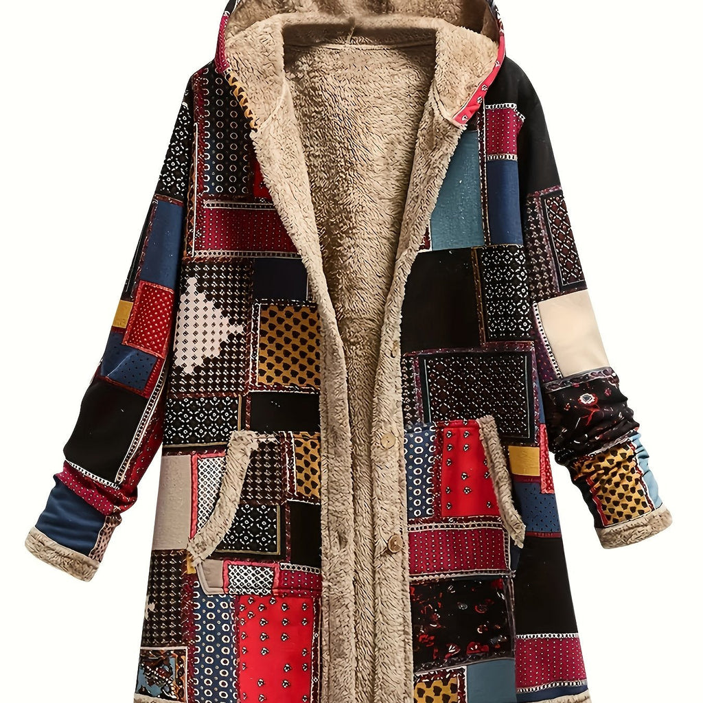 Hooded Fleece-Lined Jacket Patchwork Print Women's Longline Coat – Casual, Winter Warmth