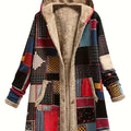 Hooded Fleece-Lined Jacket Patchwork Print Women's Longline Coat – Casual, Winter Warmth