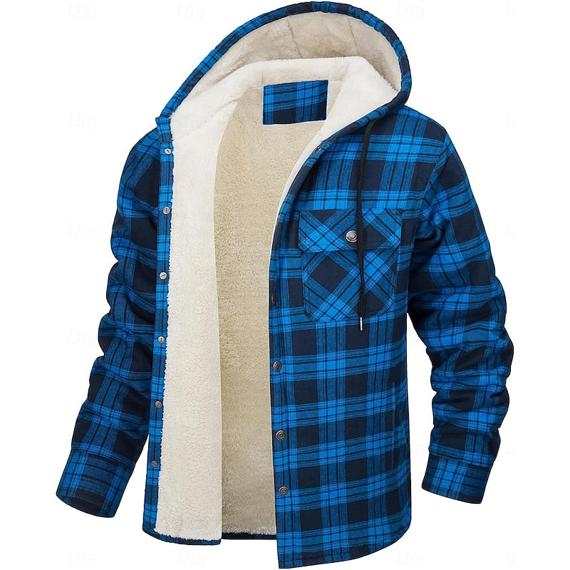 Hooded Fleece-Lined Overshirt Men's Plaid Check Shacket Jacket – Casual, Winter Outdoor Warmth