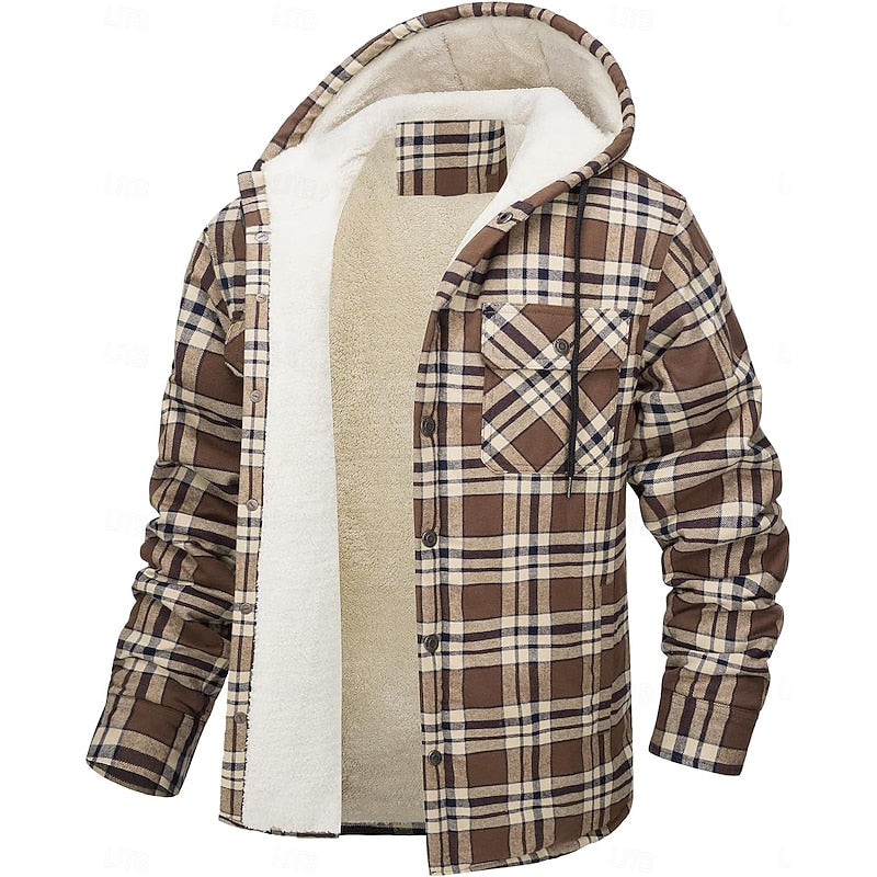 Hooded Fleece-Lined Overshirt Men's Plaid Check Shacket Jacket – Casual, Winter Outdoor Warmth
