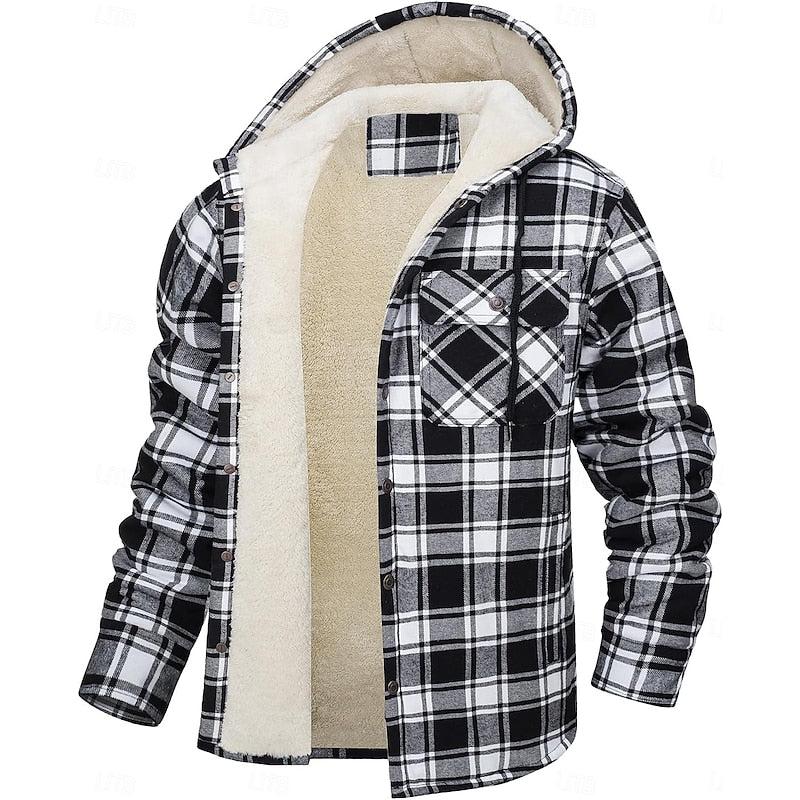 Hooded Fleece-Lined Overshirt Men's Plaid Check Shacket Jacket – Casual, Winter Outdoor Warmth