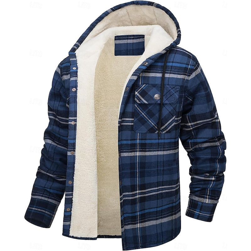 Hooded Fleece-Lined Overshirt Men's Plaid Check Shacket Jacket – Casual, Winter Outdoor Warmth
