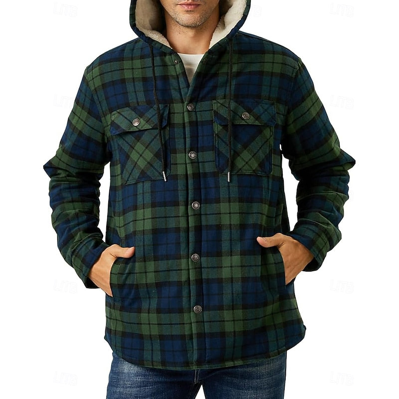 Hooded Fleece-Lined Overshirt Men's Plaid Check Shacket Jacket – Casual, Winter Outdoor Warmth