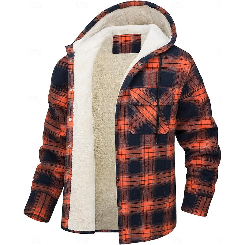 Hooded Fleece-Lined Overshirt Men's Plaid Check Shacket Jacket – Casual, Winter Outdoor Warmth