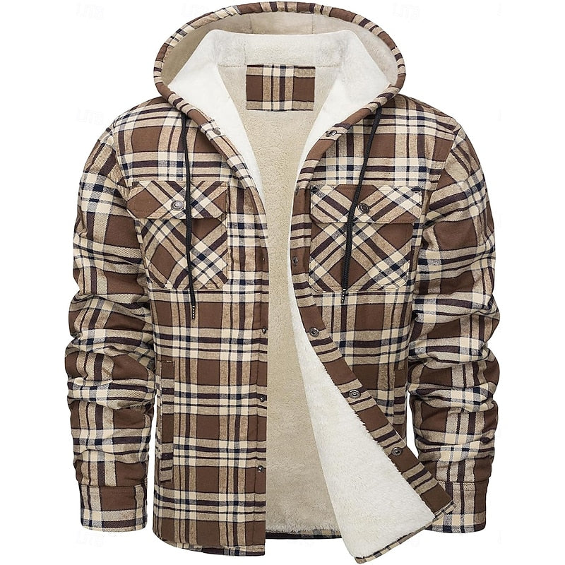 Hooded Fleece-Lined Overshirt Men's Plaid Check Shacket Jacket – Casual, Winter Outdoor Warmth