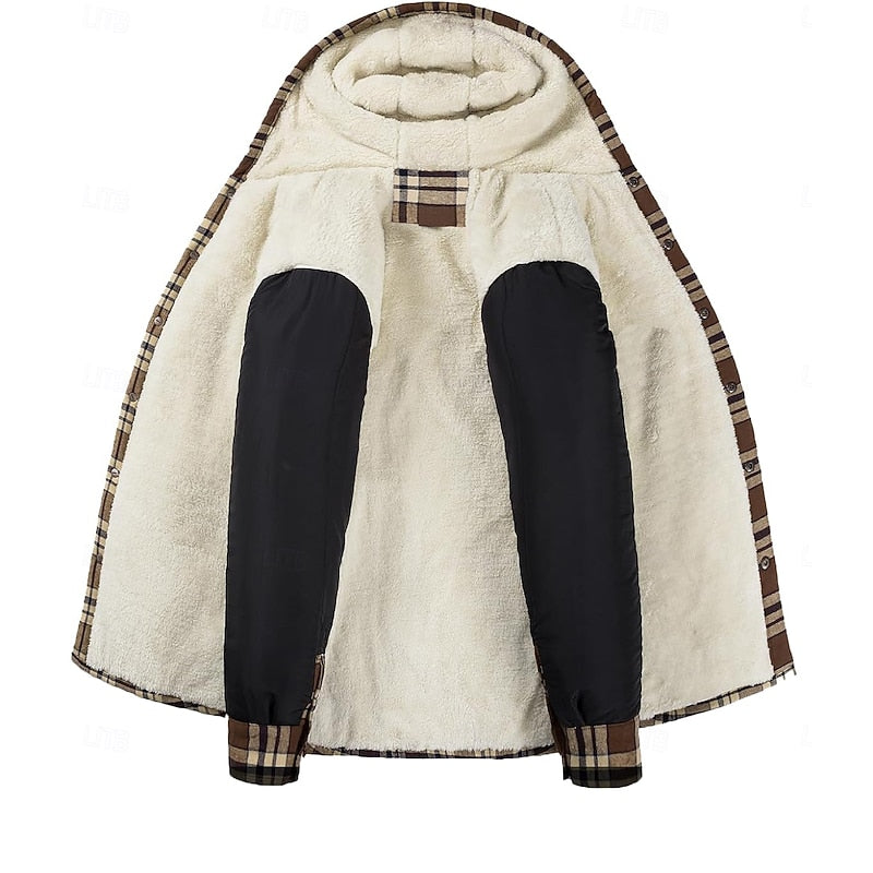 Hooded Fleece-Lined Overshirt Men's Plaid Check Shacket Jacket – Casual, Winter Outdoor Warmth