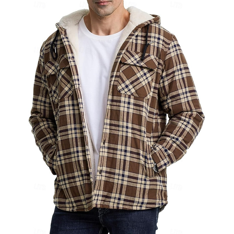 Hooded Fleece-Lined Overshirt Men's Plaid Check Shacket Jacket – Casual, Winter Outdoor Warmth
