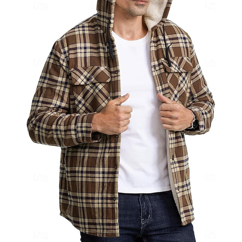 Hooded Fleece-Lined Overshirt Men's Plaid Check Shacket Jacket – Casual, Winter Outdoor Warmth