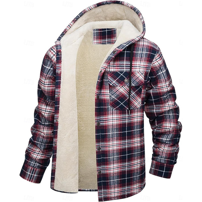 Hooded Fleece-Lined Overshirt Men's Plaid Check Shacket Jacket – Casual, Winter Outdoor Warmth