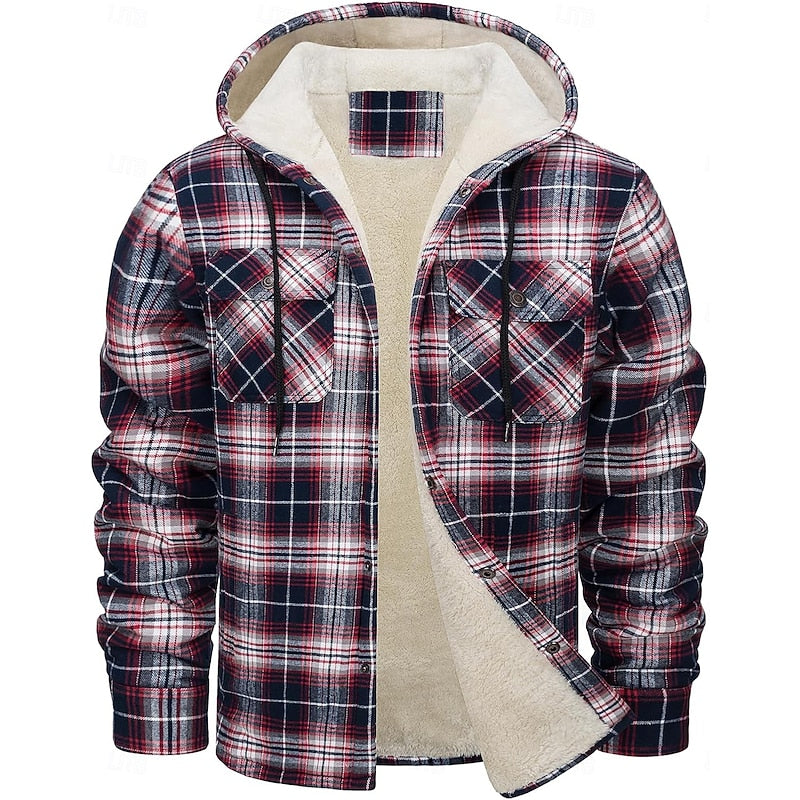 Hooded Fleece-Lined Overshirt Men's Plaid Check Shacket Jacket – Casual, Winter Outdoor Warmth