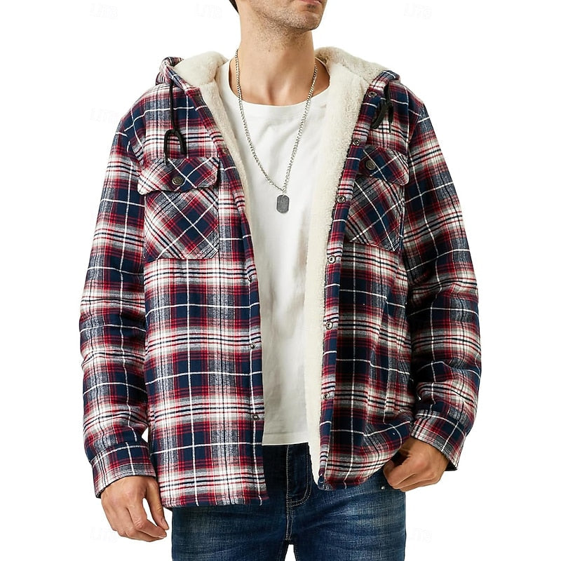Hooded Fleece-Lined Overshirt Men's Plaid Check Shacket Jacket – Casual, Winter Outdoor Warmth