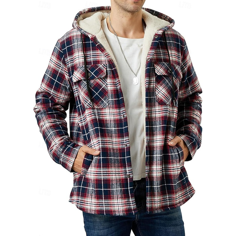 Hooded Fleece-Lined Overshirt Men's Plaid Check Shacket Jacket – Casual, Winter Outdoor Warmth