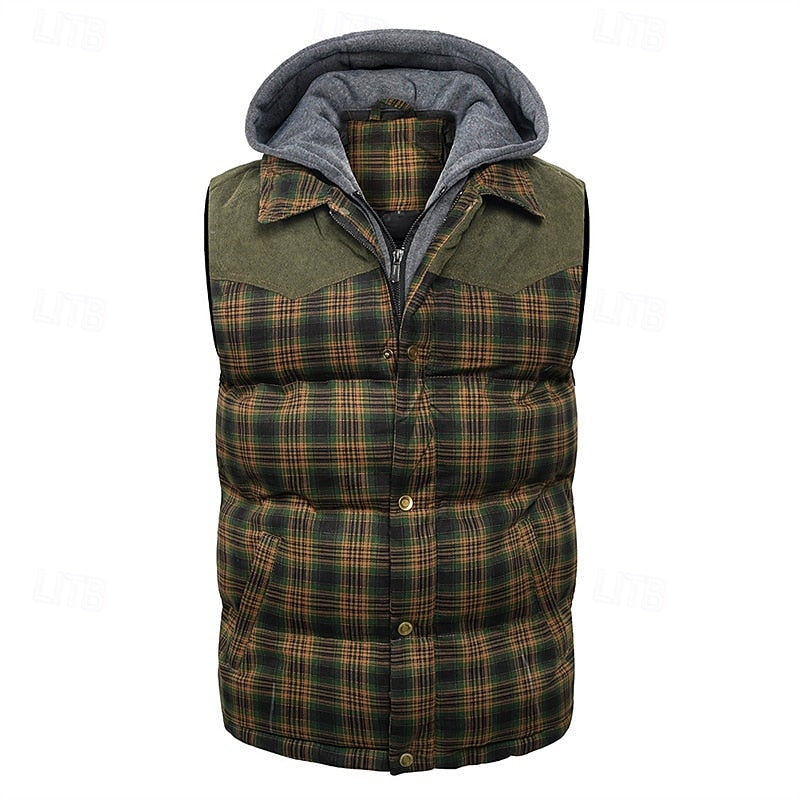 Hooded Gilet Plaid Quilted Padded Men's Body Warmer – Casual, Outdoor Layering Winter Waistcoat
