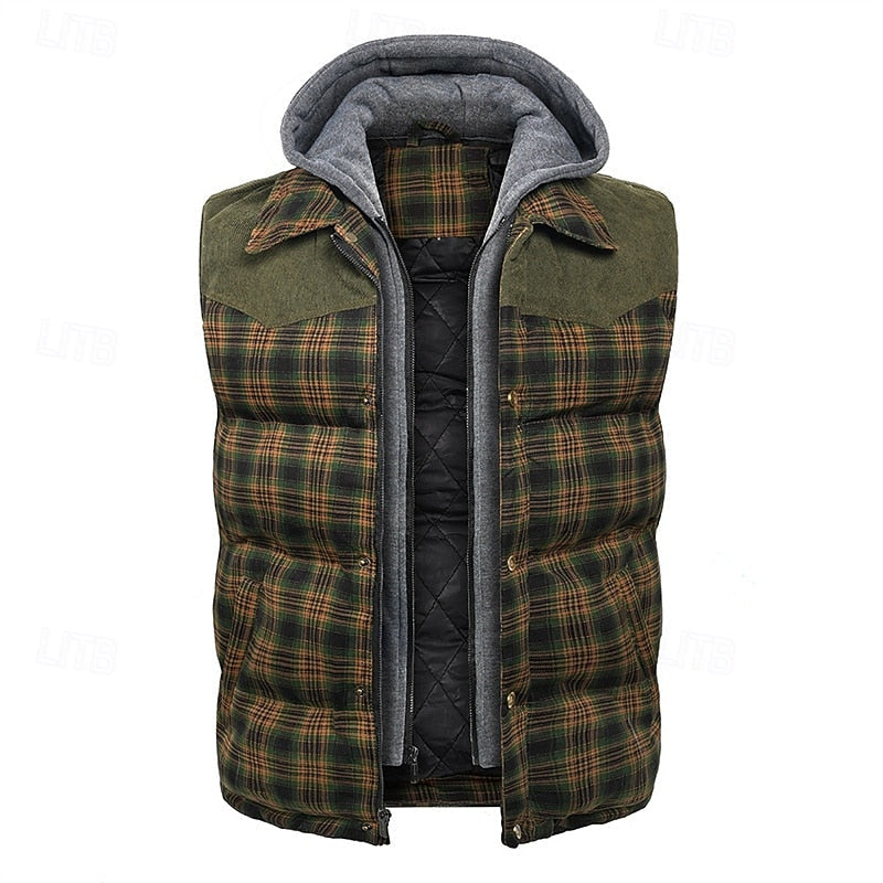 Hooded Gilet Plaid Quilted Padded Men's Body Warmer – Casual, Outdoor Layering Winter Waistcoat
