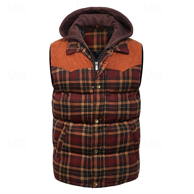 Hooded Gilet Plaid Quilted Padded Men's Body Warmer – Casual, Outdoor Layering Winter Waistcoat