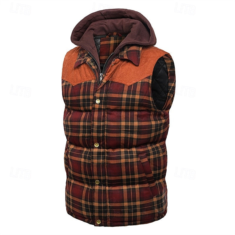 Hooded Gilet Plaid Quilted Padded Men's Body Warmer – Casual, Outdoor Layering Winter Waistcoat