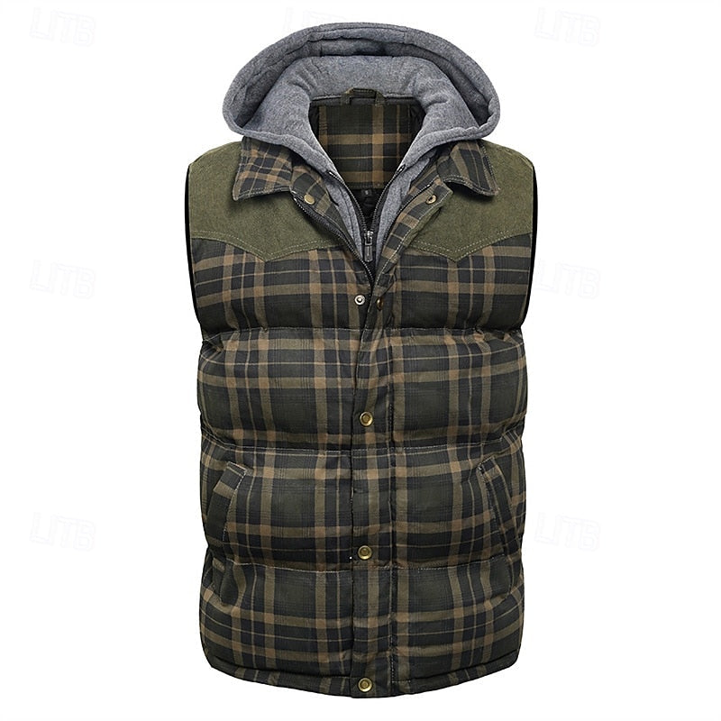 Hooded Gilet Plaid Quilted Padded Men's Body Warmer – Casual, Outdoor Layering Winter Waistcoat
