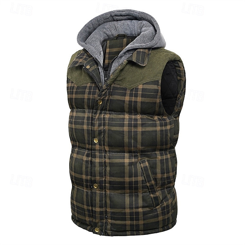 Hooded Gilet Plaid Quilted Padded Men's Body Warmer – Casual, Outdoor Layering Winter Waistcoat