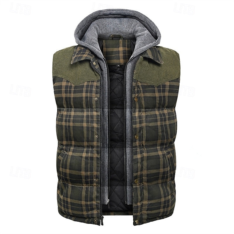 Hooded Gilet Plaid Quilted Padded Men's Body Warmer – Casual, Outdoor Layering Winter Waistcoat