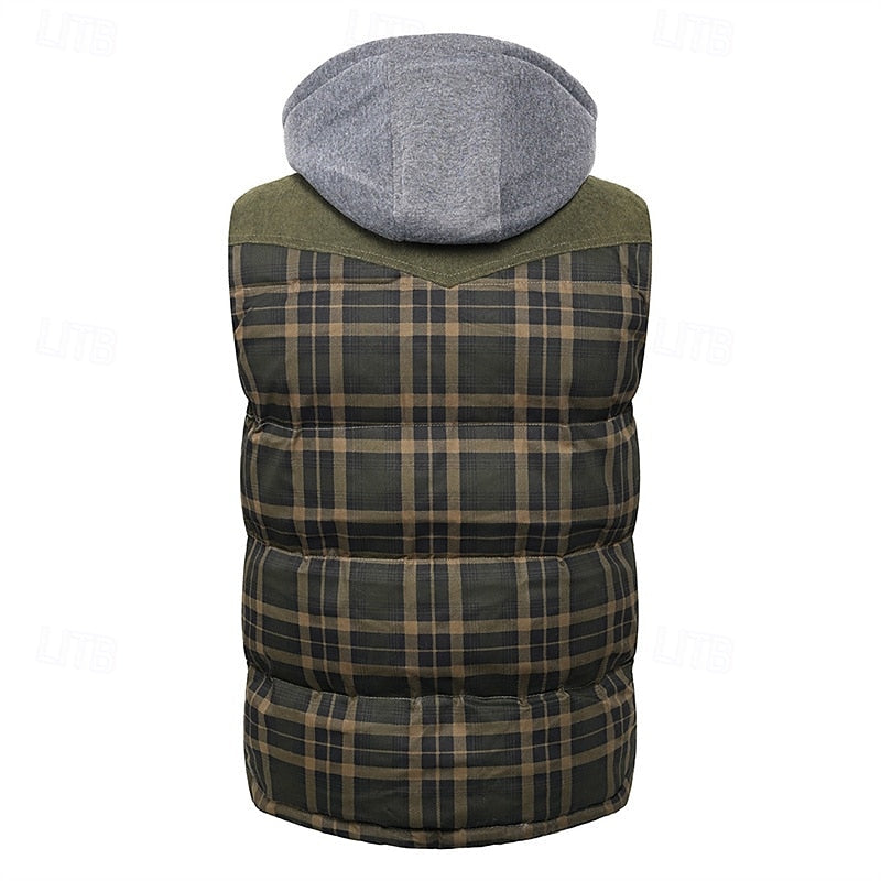 Hooded Gilet Plaid Quilted Padded Men's Body Warmer – Casual, Outdoor Layering Winter Waistcoat