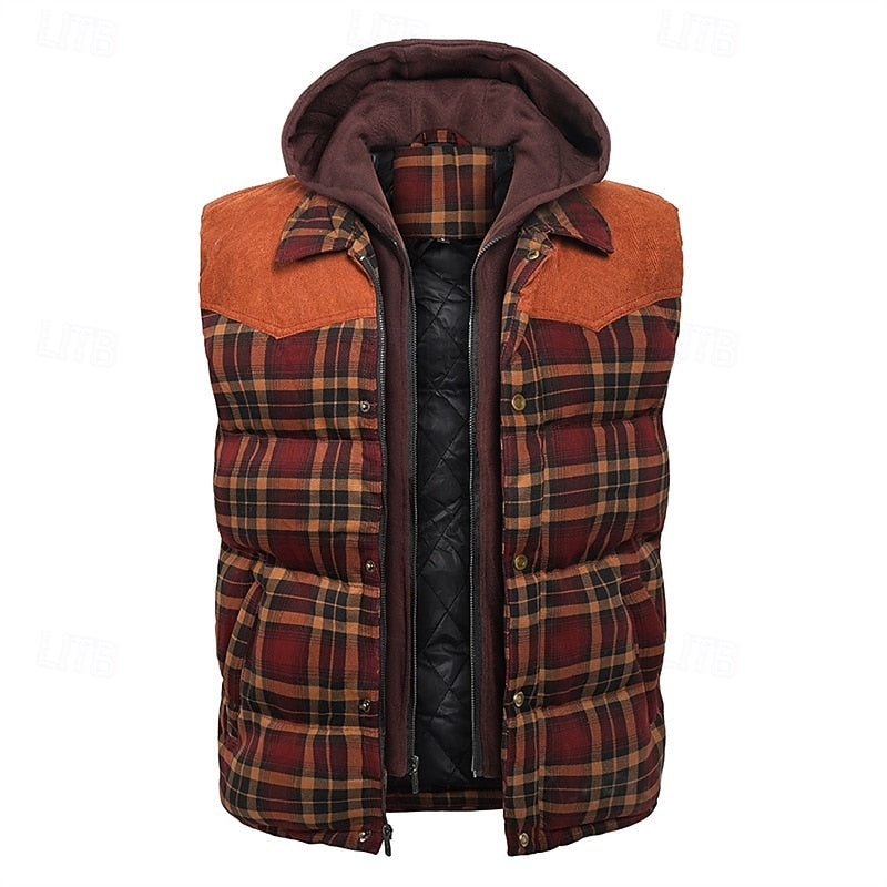 Hooded Gilet Plaid Quilted Padded Men's Body Warmer – Casual, Outdoor Layering Winter Waistcoat