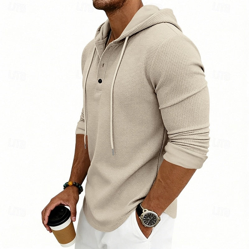 Hooded Henley Shirt Men's Waffle Knit Long Sleeve Drawstring – Casual, Everyday Layering