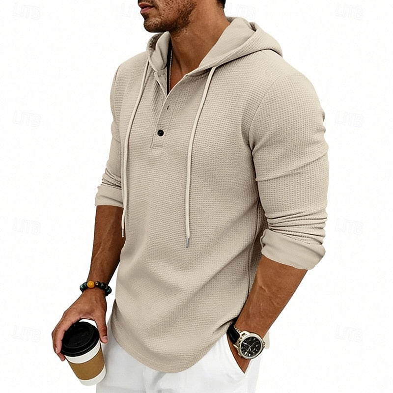 Hooded Henley Shirt Men's Waffle Knit Long Sleeve Drawstring – Casual, Everyday Layering