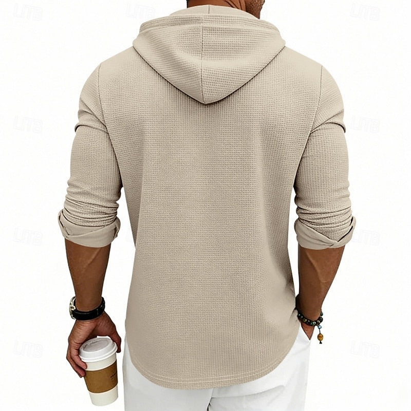 Hooded Henley Shirt Men's Waffle Knit Long Sleeve Drawstring – Casual, Everyday Layering