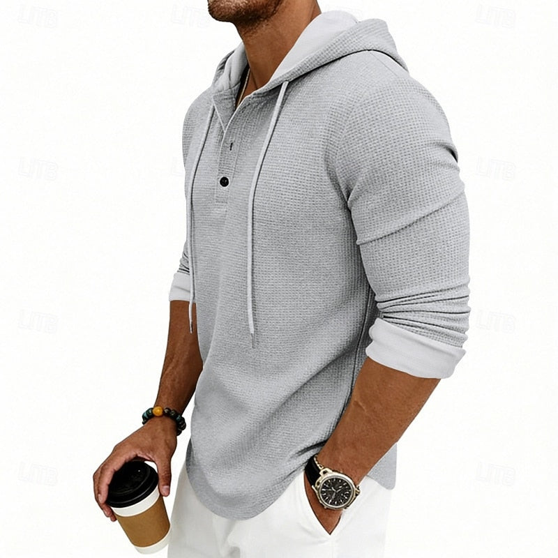 Hooded Henley Shirt Men's Waffle Knit Long Sleeve Drawstring – Casual, Everyday Layering