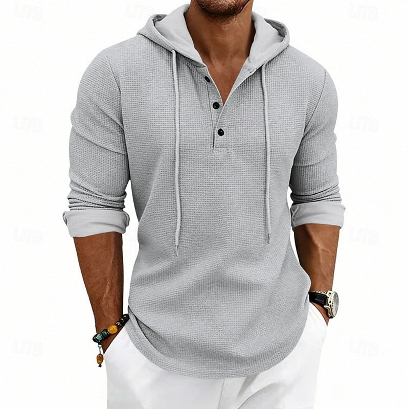 Hooded Henley Shirt Men's Waffle Knit Long Sleeve Drawstring – Casual, Everyday Layering