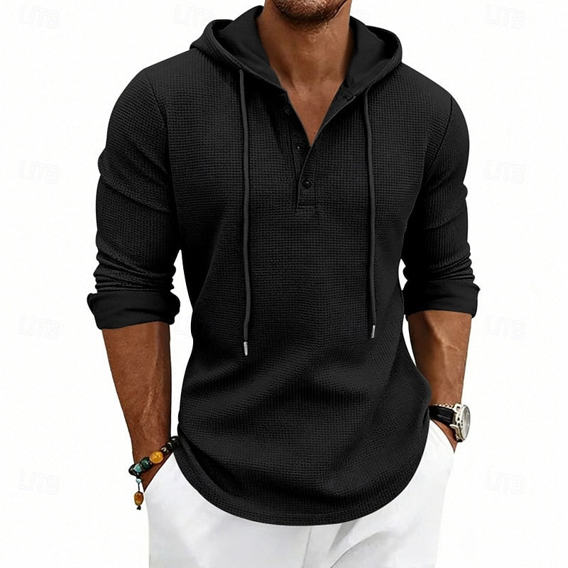 Hooded Henley Shirt Men's Waffle Knit Long Sleeve Drawstring – Casual, Everyday Layering