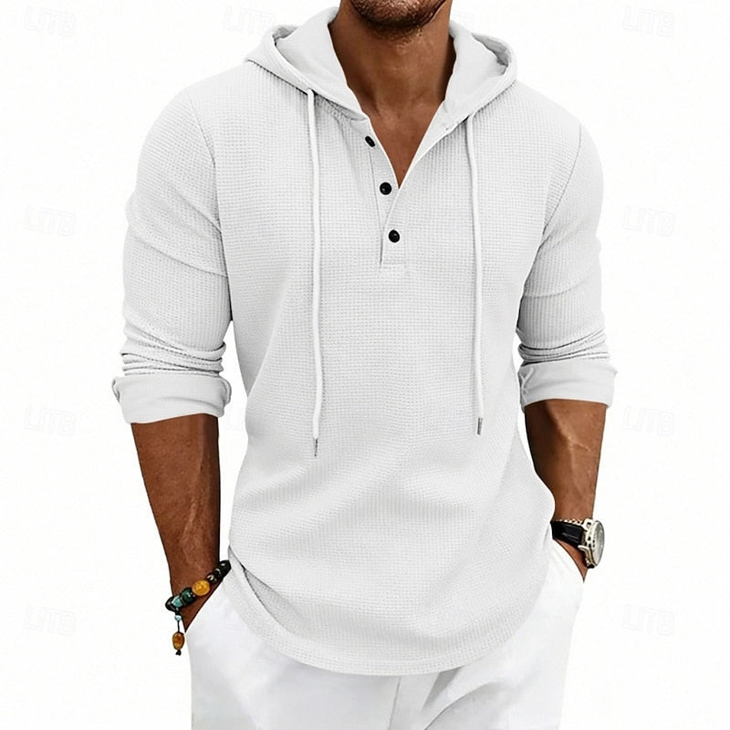 Hooded Henley Shirt Men's Waffle Knit Long Sleeve Drawstring – Casual, Everyday Layering