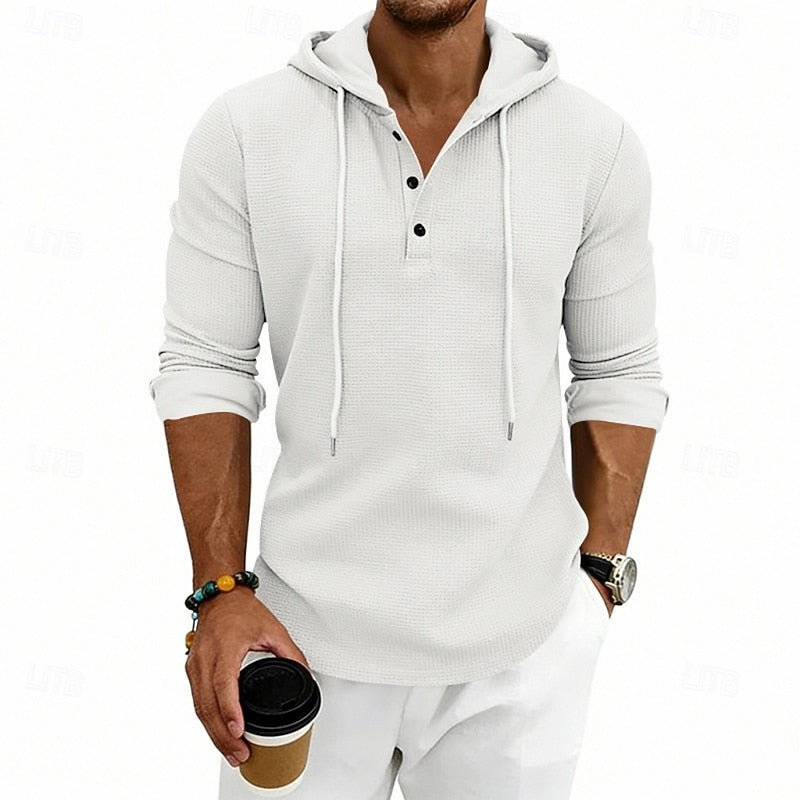 Hooded Henley Shirt Men's Waffle Knit Long Sleeve Drawstring – Casual, Everyday Layering