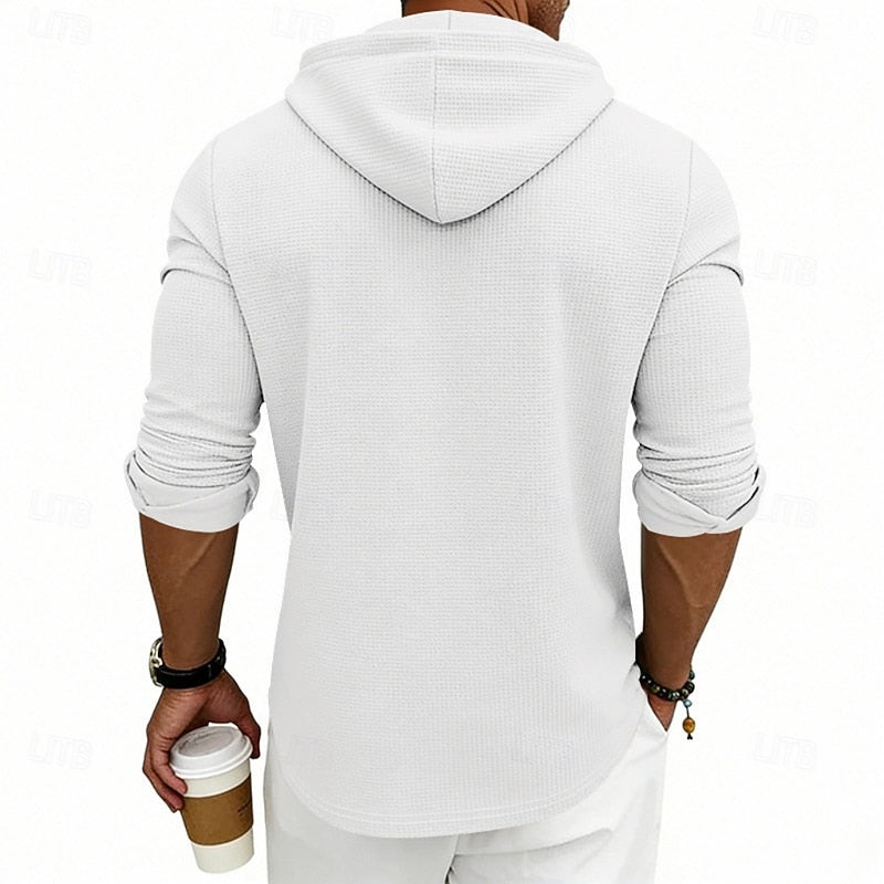 Hooded Henley Shirt Men's Waffle Knit Long Sleeve Drawstring – Casual, Everyday Layering