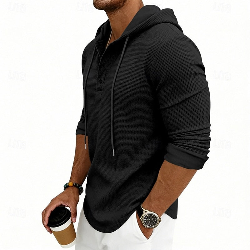 Hooded Henley Shirt Men's Waffle Knit Long Sleeve Drawstring – Casual, Everyday Layering